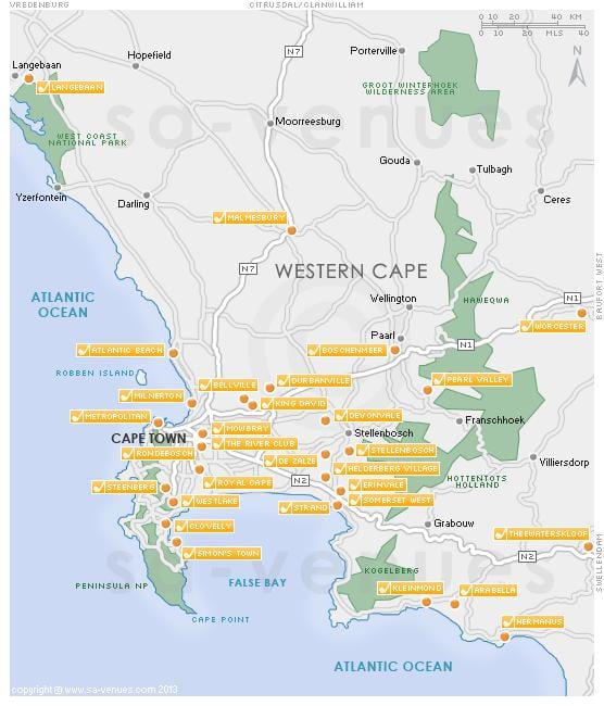 ramani ya mji wa Cape Town kozi golf