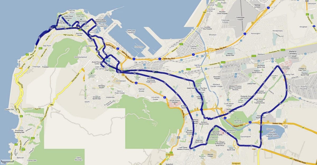 ramani ya mji wa Cape Town marathon njia