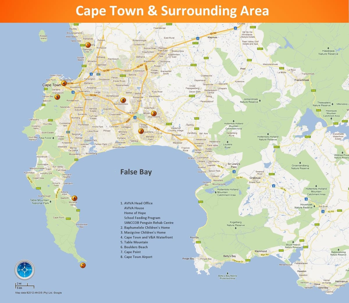 ramani ya mji wa Cape Town eneo la Afrika Kusini